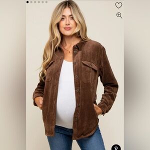 Brown Corduroy Plaid Fleece Lined Button Down Maternity Shacket